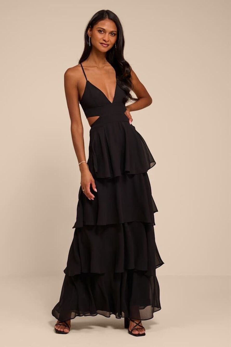 Tier and Now Black Tie-Back Tiered Maxi Dress size S Lulus - Picture 3 of 10